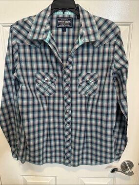 Rough Stock Teal Plaid Slim Button-Down Shirt